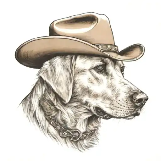older golden female Labrador with a cowgirl hat on and western background tattoo design idea