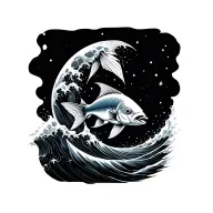 fish jumping wave inside moon tattoo design idea