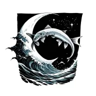fish jumping wave inside moon tattoo design idea