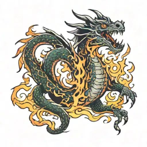 a dragon on fire flames tattoo design idea