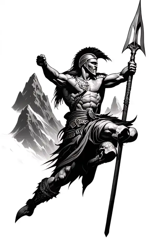 Spartan with a spear jumps from the mountains of skulls tattoo design idea