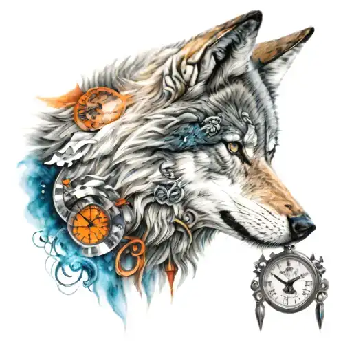 Wolf blue and orange eyes, and behind are clock tattoo design idea