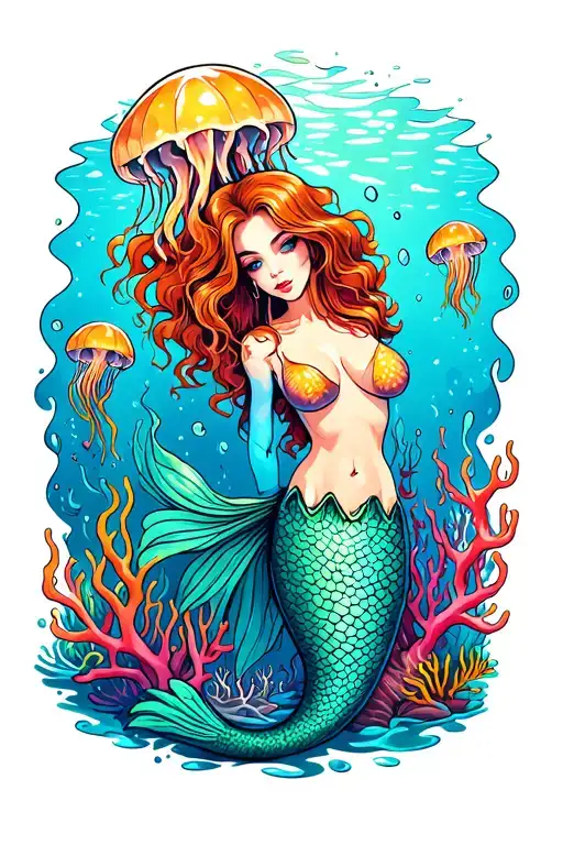 underwater scene with jellyfish, coral reef and thick redhead sexy mermaid tattoo design idea