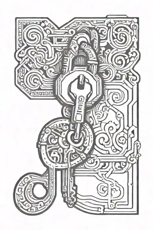 lock and key with initial r and a string conecting tattoo design idea