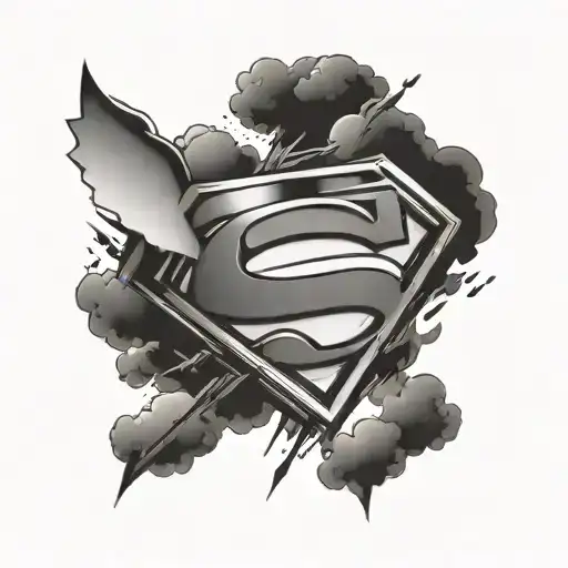 Superman logo surrounded by clouds with texting "In Memory of Rob Hatton" tattoo design idea