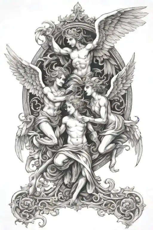 filigree angels vs demons fighting tattoo design idea