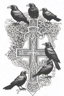 crow family crest with 2 large crows and 4 small crows with celtic cross tattoo design idea