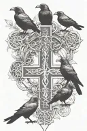 crow family crest with 2 large crows and 4 small crows with celtic cross tattoo design idea
