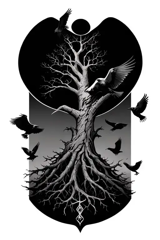 yggdrasil tree with ravens flying tattoo design idea