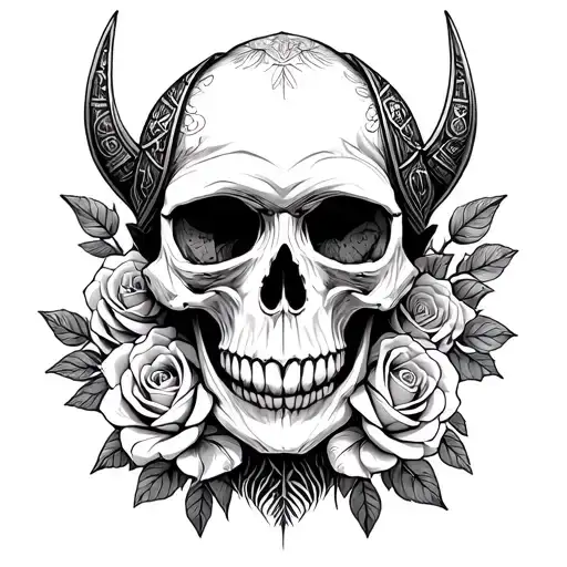 create a skull surrounded by roses and viking symbols  tattoo design idea