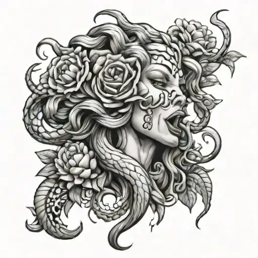 Gorgon face tattoo sketch, scar, snakes instead of hair, snake heads with open mouths, peonies, style: realism tattoo design idea
