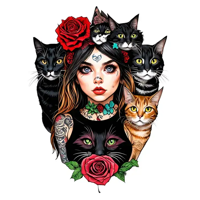 peaceful badas punk rock girl with gang of cats tattoo design idea