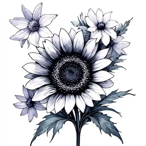 watercolor Flowers sunflower, violet, Narcissus primrose,aster, moring glory, daffodil tattoo design idea