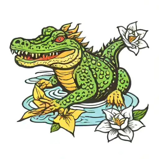 Crocodile swimming through lily tattoo design idea