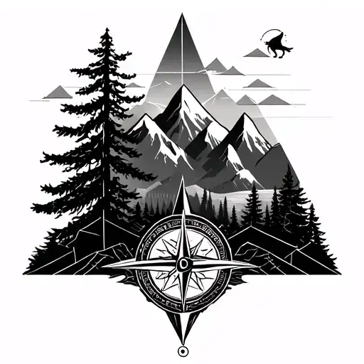 geometric tattoo for the entire inside of the arm with motifs of mountains, tree, compass, howl's moving castle, forest spirits, fox tattoo design idea