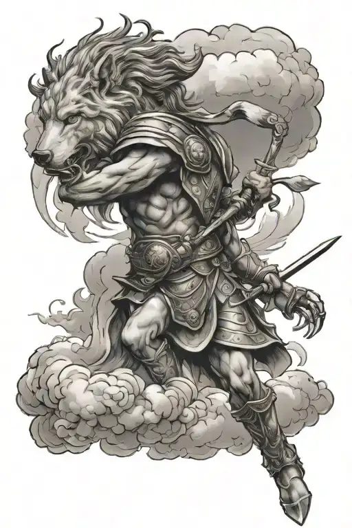clouds wolf and roman warrior tattoo design idea