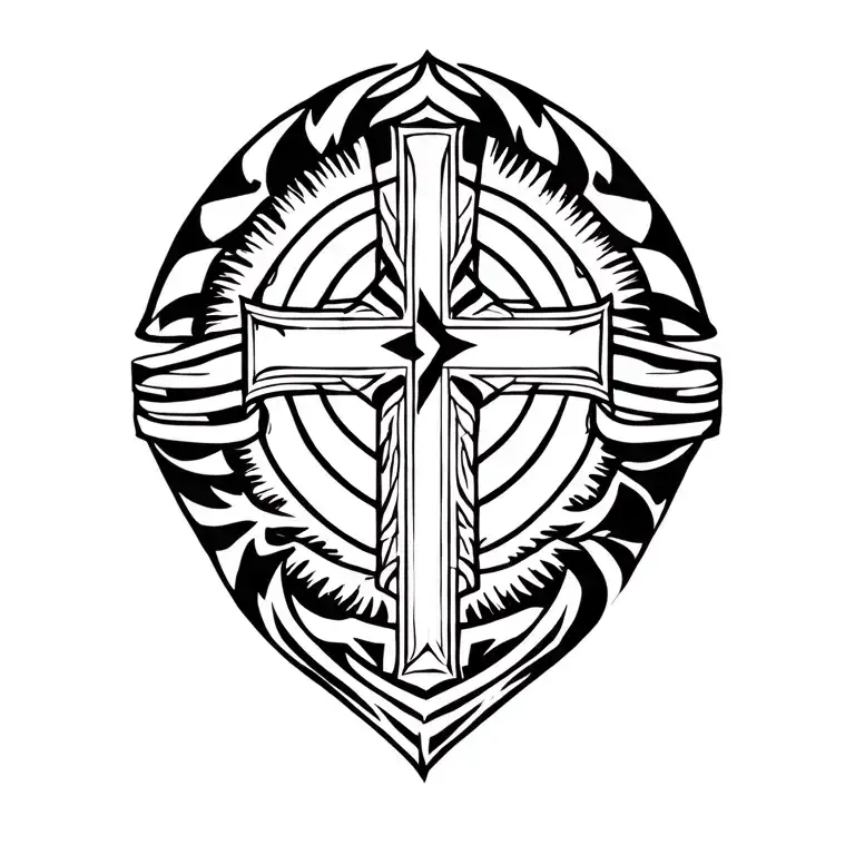 Classic Cross Wrap: A bold black cross encircled by tribal or geometric bands that wrap the upper arm. tattoo design idea