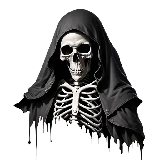3D hyper-realistic chest tattoo of a grim reaper skeleton, skull with hooded cloak, visible ribcage, dark shadows, torn  tattoo design idea