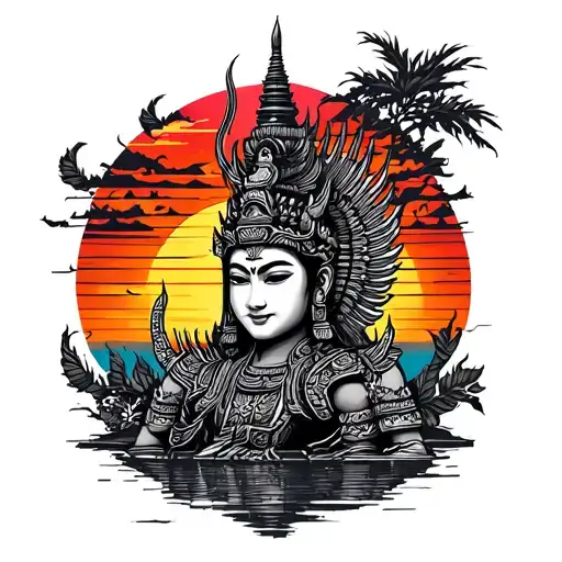 Thai temple with guardian warrior sunset tattoo design idea