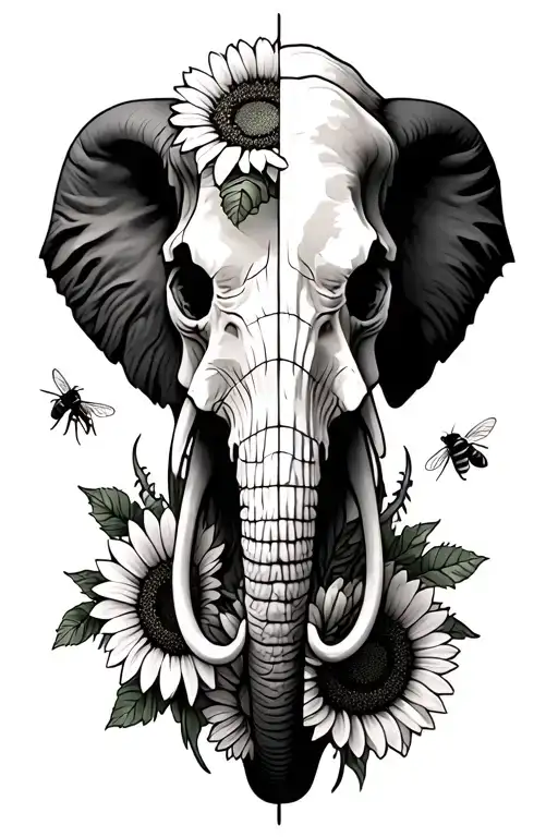 half elephant head half mammoth skull with sunflowers and bees tattoo design idea