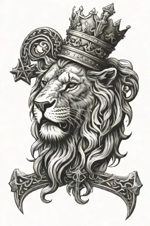 lion head roaring with crown of thrones leading towards 3 crosses at Golgotha  tattoo design idea