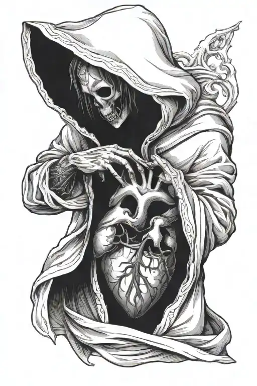 hooded death figure holding anatomical heart in hands tattoo design idea