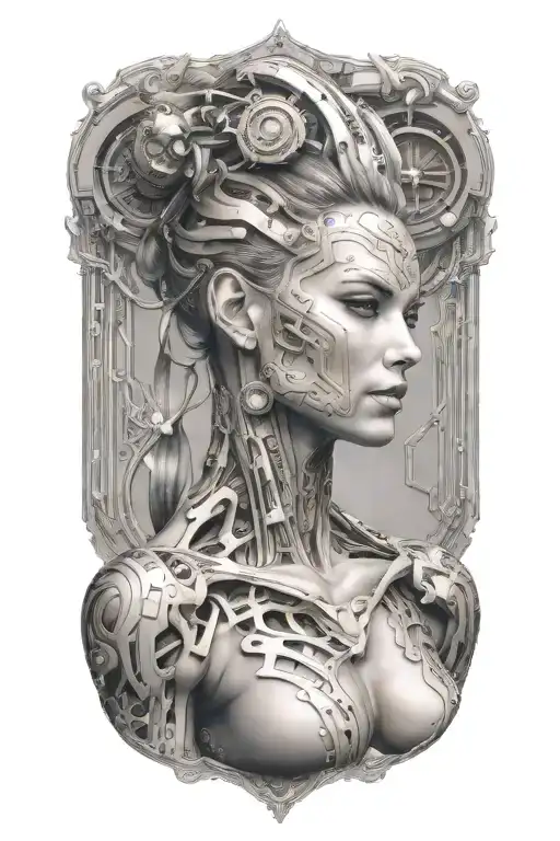 bodybuilding muscled women with technology circuits merging tattoo design idea