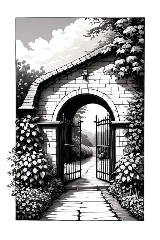garden with small gate opening tattoo design idea