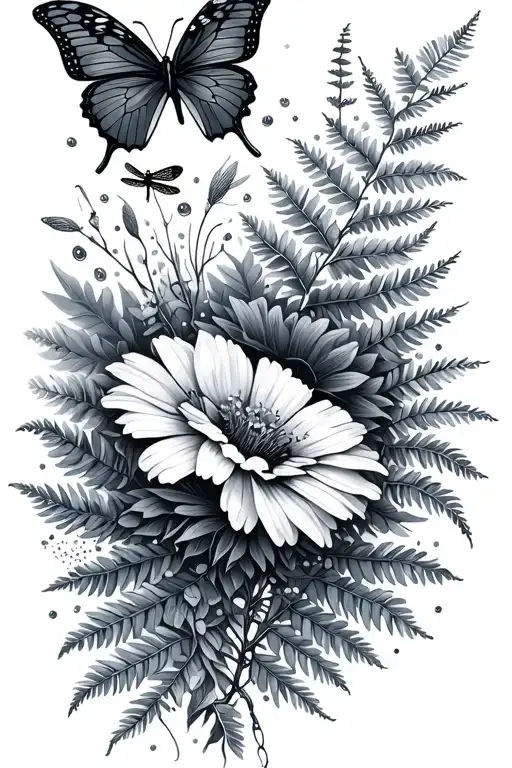 wildflower ethereal boho black and gray only shoulder to wrist butterfly and dragonfly and fern with empty space more fl tattoo design idea