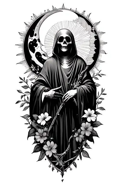 grim reaper full body with sun and moon with flowers tattoo design idea