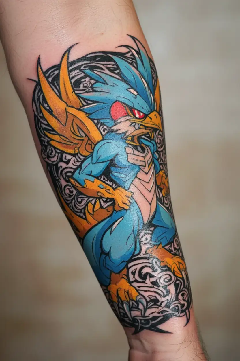 pokemon blaziken but blue tattoo design idea
