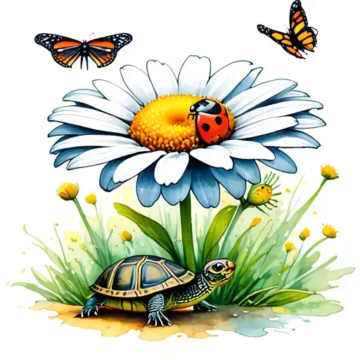daisy flower only with a lady bug on the daisy, a turtle, and a butterfly with a water color effect tattoo design idea