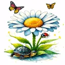 daisy flower only with a lady bug on the daisy, a turtle, and a butterfly with a water color effect tattoo design idea
