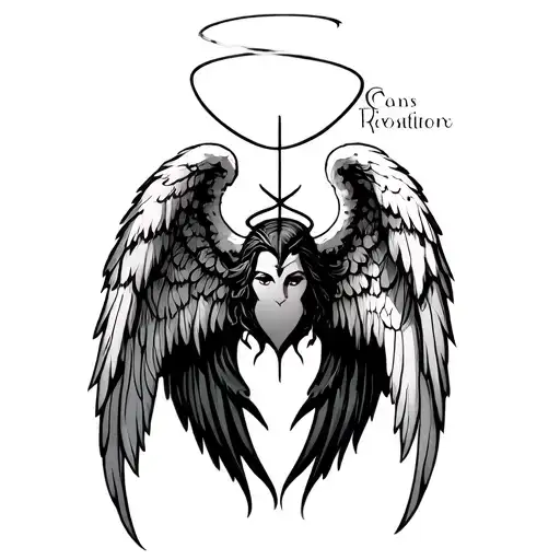 Transform an existing bold black tattoo of angel and devil wings with a halo on  the upper left chest near the collarbon tattoo design idea
