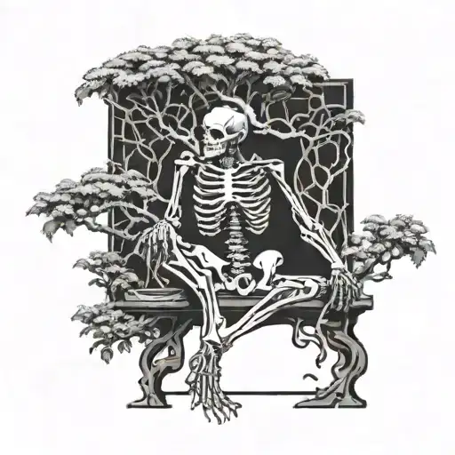 A skeleton in a squat cutting a bonsai tree branches tattoo design idea
