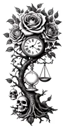 family tree, rose intertwined, evil eye, skull, scales, truth, pocket watch, hour glass tattoo design idea