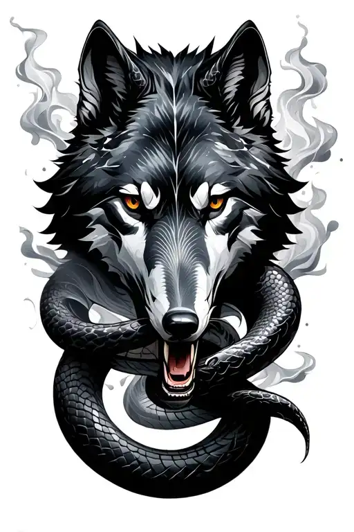 Black snakes showing their faces  wrapping a wolf head with white smoke   tattoo design idea