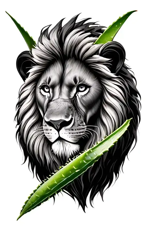 lion face with aloe vera symbolizing tattoo design idea