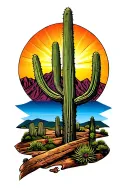 Arizona sunset, cactus, mountains across tattoo design idea