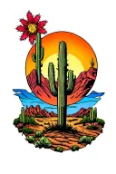 Arizona sunset, cactus, mountains across tattoo design idea