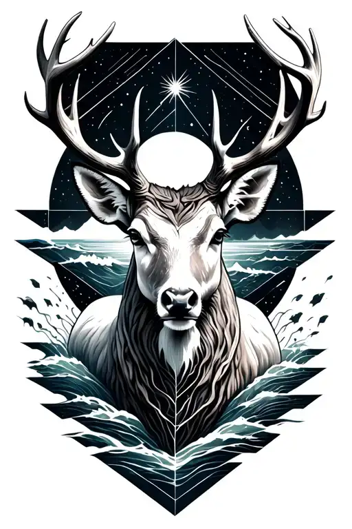 realistic humanoid stag front-facing, white chest crack, leaving the sea, cosmos behind, geometrical form drawing around tattoo design idea
