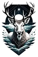 realistic humanoid stag front-facing, white chest crack, leaving the sea, cosmos behind, geometrical form drawing around tattoo design idea