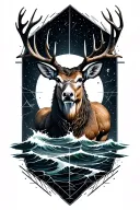 realistic humanoid stag front-facing, white chest crack, leaving the sea, cosmos behind, geometrical form drawing around tattoo design idea