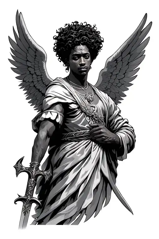 african archangel with sword and curly hair  tattoo design idea