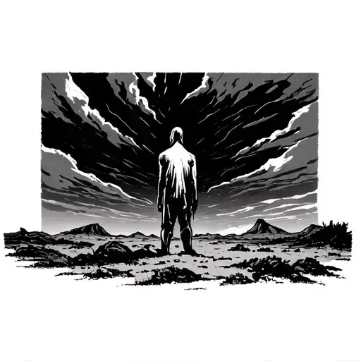 Faint shadows of a figure standing in a desolate landscape, perhaps under a dark sky with storm clouds. The figure could tattoo design idea