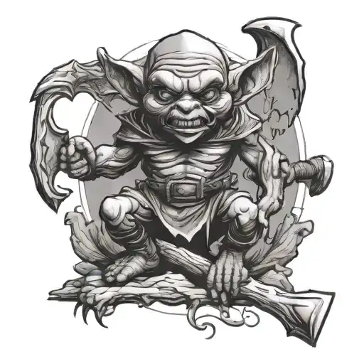 goblin standing on dead bodies with axe tattoo design idea