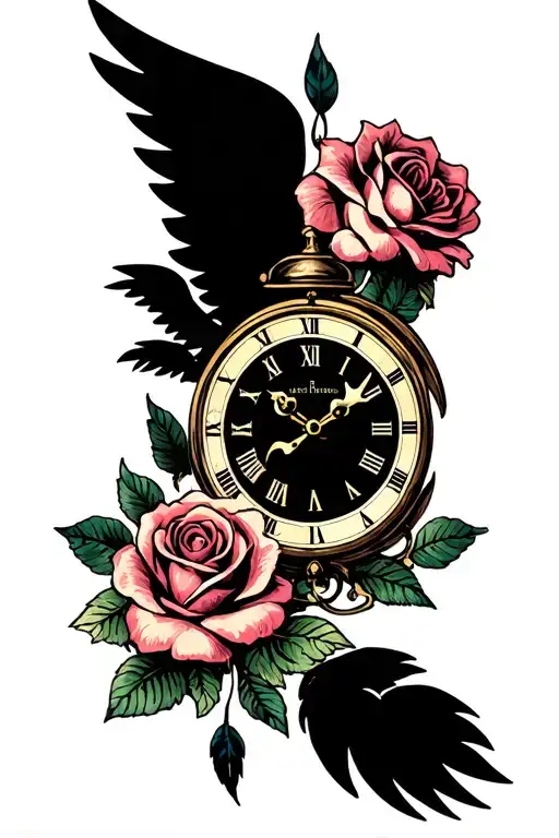 fleur rose clock plume angel wings tattoo design idea