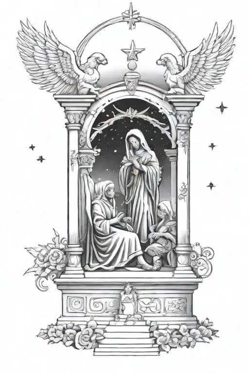 mary and baby jesus pointing to stars in a pillared gazebo with angels gabriel and Michael watching over them tattoo design idea