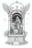 mary and baby jesus pointing to stars in a pillared gazebo with angels gabriel and Michael watching over them tattoo design idea