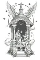 mary and baby jesus pointing to stars in a pillared gazebo with angels gabriel and Michael watching over them tattoo design idea